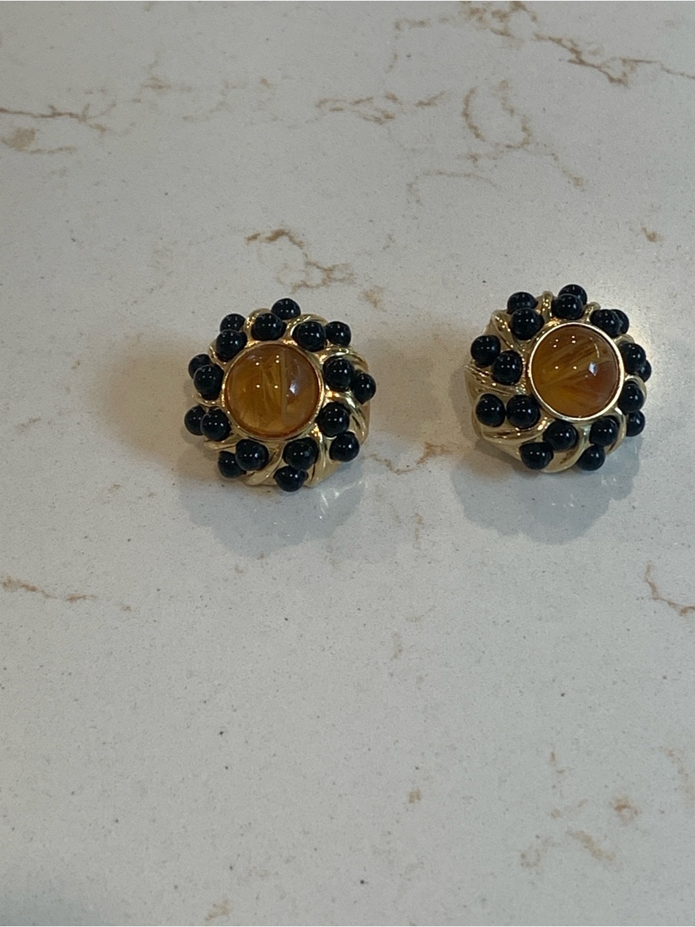 Ivana Gold-Tone Earrings with Amber Center and Black Beads